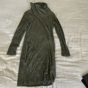 Emerald green cowl neck sweater dress with button detail